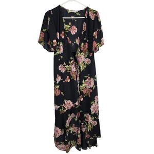 Arc NC Cottage Core Wrap Dress S Womens Floral Coquette Short Slit Sleeve Black